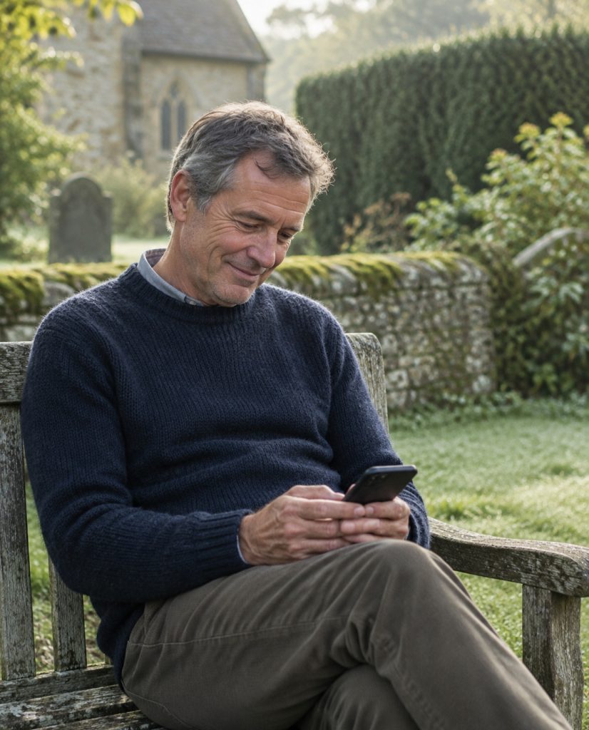 A man sitting on a churchyard bench smiling at his phone