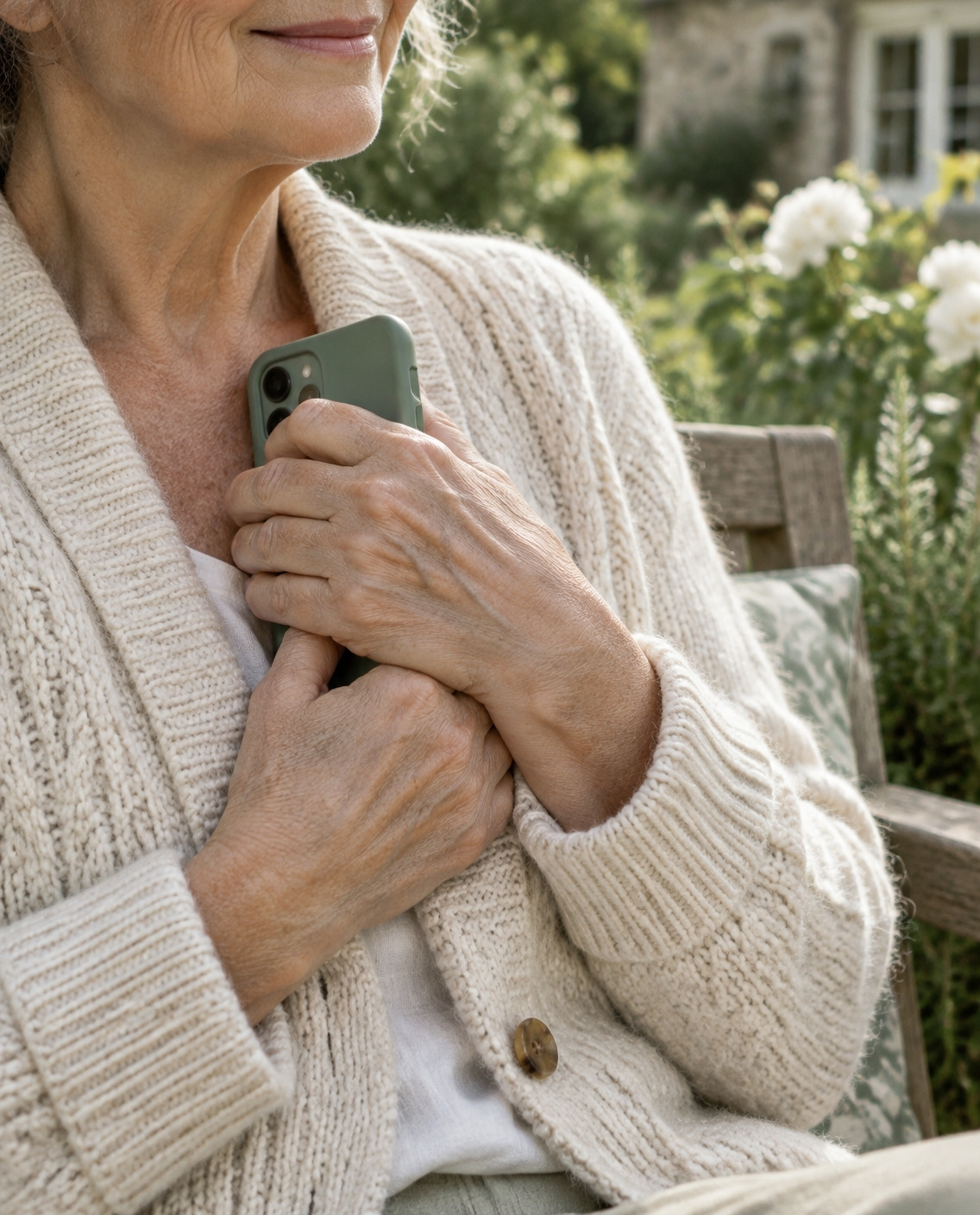 An older woman holding her phone close to her heart in a cottage garden
